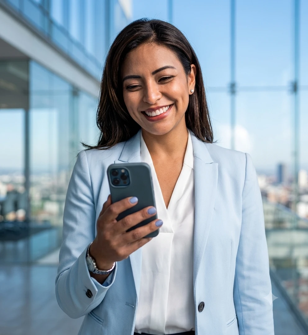A woman in a light blue blazer smiling at her phone